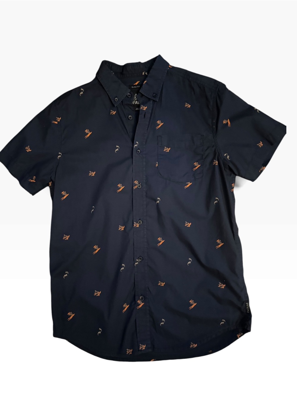 prAna Shirt Mens Small Slim Fit Button Up Blue Palm Tree Print Short Sleeve